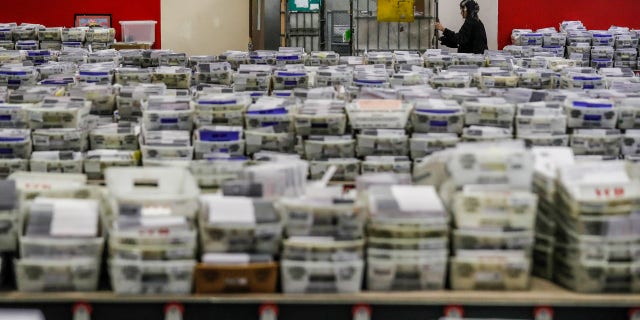 Ballots are received, sorted and verified at the Los Angeles County ballot processing facility in Industry, California. 