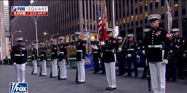 A group of Marines give a presentation on Fox Square in midtown Manhattan for the Marine Corps' 247th birthday on Nov. 10, 2022.