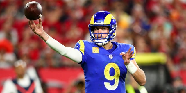 Matthew Stafford of the Los Angeles Rams throws a pass during the fourth quarter of a game against the Tampa Bay Buccaneers at Raymond James Stadium Nov. 6, 2022, in Tampa, Fla. 