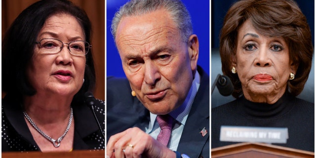 Sens. Mazie Hirono and Chuck Schumer next to photo of Rep. Maxine Waters