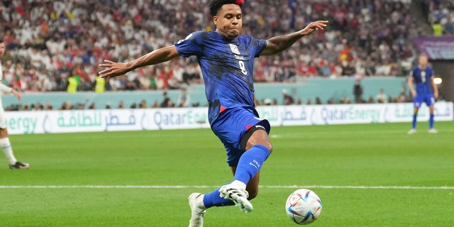 Weston McKennie of the U.S. plays the ball during a FIFA World Cup Qatar 2022 Group B match against England at Al Bayt Stadium Nov. 25, 2022, in Al Khor, Qatar.