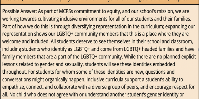 If a parent asks whether they can keep their child home during the LGBTQ+ readings, MCPS faculty are advised to explain that no effort will be made to persuade a child from holding certain beliefs.