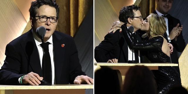 Michael J. Fox spoke on stage and was kissed by his wife at the 2022 Governor Awards where he was given an honorary Oscar