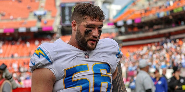 Los Angeles Chargers defensive end Morgan Fox leaves the field after a game against the Cleveland Browns Oct. 9, 2022, at FirstEnergy Stadium in Cleveland. 