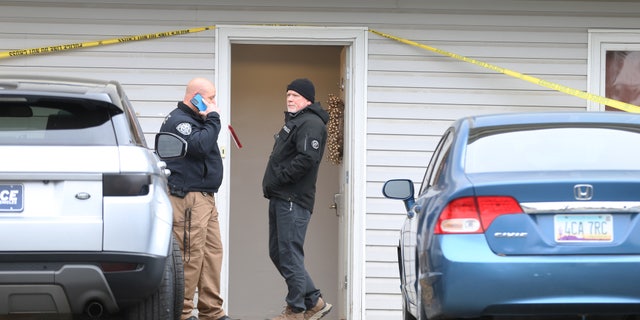 Police at the front of the home in Moscow, Idaho on Monday, November 14, 2022, where four University of Idaho students were killed over the weekend in an apparent quadruple homicide.