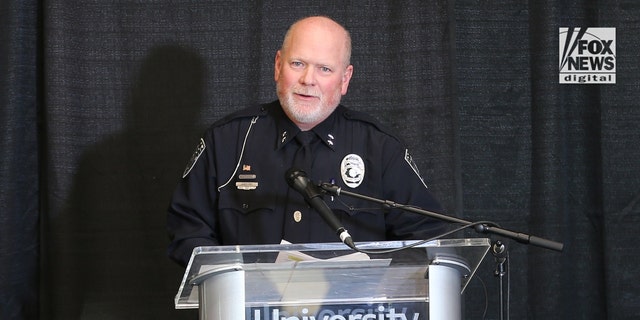 Moscow Police Chief James Fry speaking at a Nov. 20 press conference about the unsolved murders of four University of Idaho seniors. 