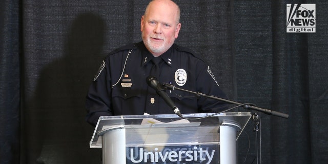 Moscow Police Chief James Fry speaking at a Nov. 20 press conference about the unsolved murders of four University of Idaho seniors. 