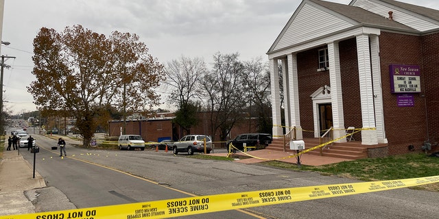 A crime scene is taped off at New Season Church in Nashville, Tenn., on Saturday.