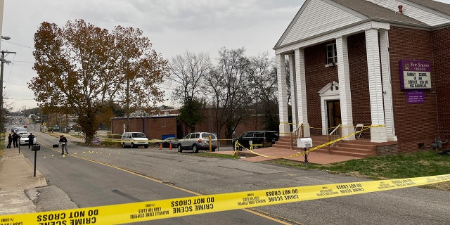 A crime scene is taped off at New Season Church in Nashville, Tenn., on Saturday.