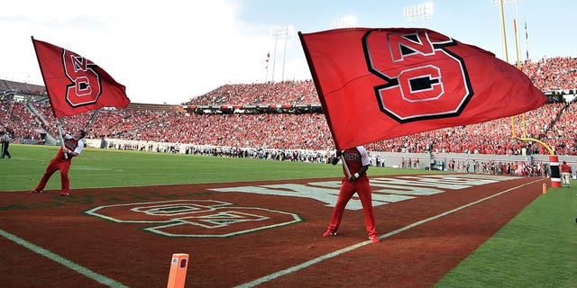 North Carolina State Wolfpack cheerleaders wave flags following a touchdown against the Troy Trojans at Carter-Finley Stadium Sept. 5, 2015, in Raleigh, N.C.