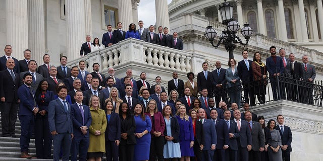 Incoming House members participate in a member-elect class photo on the East Front Steps of the U.S. Capitol on November 15, 2022 in Washington, DC. Newly elected House members are in Washington this week for new member orientation.