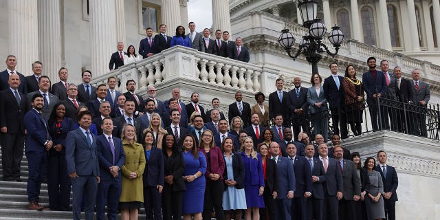 Incoming House members participate in a member-elect class photo on the East Front Steps of the U.S. Capitol on November 15, 2022 in Washington, DC. Newly elected House members are in Washington this week for new member orientation.