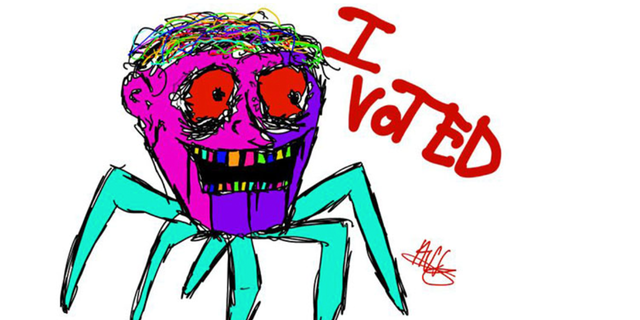 The winner of the Ulster County I Voted Sticker Contest, which features a multi-colored spider creature with human head. 