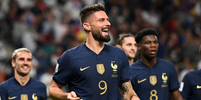 Olivier Giroud of France celebrates after scoring his team's fourth goal during a FIFA World Cup Qatar 2022 Group D match between France and Australia at Al Janoub Stadium Nov. 22, 2022, in Al Wakrah, Qatar.