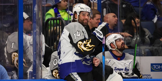 Tampa Bay Lightning's Pat Maroon #14 skates against the Calgary Flames during the second period at Amalie Arena on November 17, 2022 in Tampa, Florida.