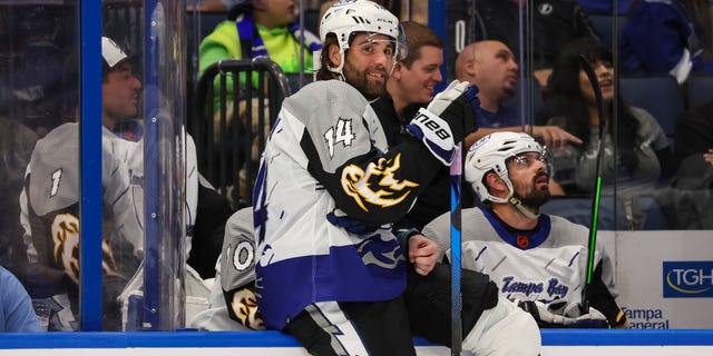 Pat Maroon #14 de Tampa Bay Lightning patina contra Calgary Flames durante el segundo período en Amalie Arena el 17 de noviembre de 2022 en Tampa, Florida.