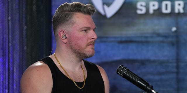 Pat McAfee speaks during his show on Media Row for the Super Bowl LVI at the Los Angeles Convention Center on February 10, 2022 in Los Angeles, California 