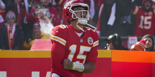 Patrick Mahomes of the Kansas City Chiefs runs on to the field prior to the game against the Jacksonville Jaguars at Arrowhead Stadium on Nov. 13, 2022, in Kansas City.