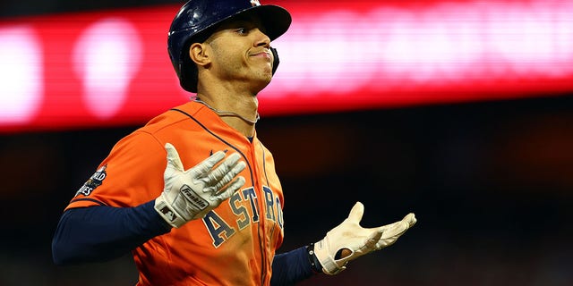 Jeremy Pena #3 of the Houston Astros celebrates after hitting a home run against the Philadelphia Phillies during the fourth inning in Game Five of the 2022 World Series at Citizens Bank Park on November 03, 2022 in Philadelphia, Pennsylvania. 