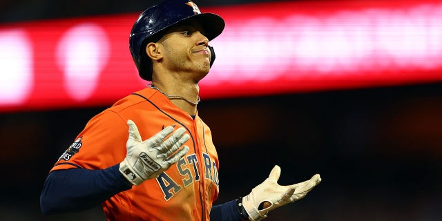 Jeremy Pena #3 of the Houston Astros celebrates after hitting a home run against the Philadelphia Phillies during the fourth inning in Game Five of the 2022 World Series at Citizens Bank Park on November 03, 2022 in Philadelphia, Pennsylvania.