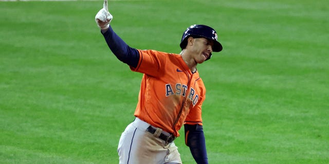 Jeremy Pena #3 of the Houston Astros hits a home run against the Philadelphia Phillies during the fourth inning in Game Five of the 2022 World Series at Citizens Bank Park on November 03, 2022 in Philadelphia, Pennsylvania.