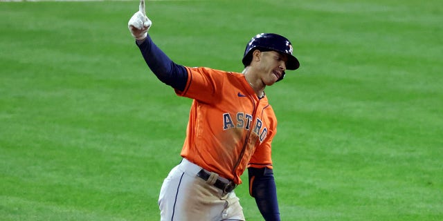 Jeremy Pena #3 of the Houston Astros hits a home run against the Philadelphia Phillies during the fourth inning in Game Five of the 2022 World Series at Citizens Bank Park on November 03, 2022 in Philadelphia, Pennsylvania. 