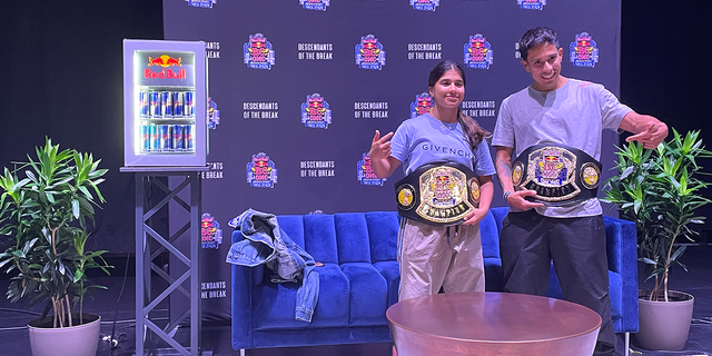RedBull BC One 2022 World Final Champions India Sardjoe of the Netherlands and Victor Montalvo of the USA pose with their belts during a press conference on November 12, 2022.