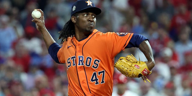 Rafael Montero #47 of the Houston Astros delivers a pitch against the Philadelphia Phillies during the eighth inning in Game Four of the 2022 World Series at Citizens Bank Park on November 02, 2022 in Philadelphia, Pennsylvania.