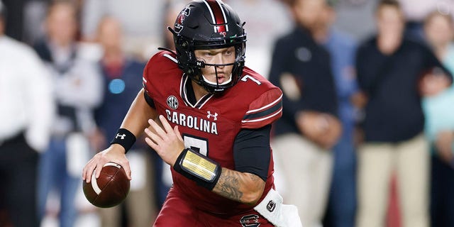 South Carolina Gamecocks quarterback Spencer Rattler looks to pass during a game against the Texas A and M Aggies Oct. 22, 2022, at Williams-Brice Stadium in Columbia, S.C. 