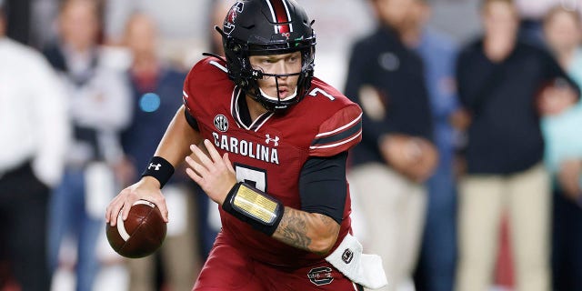 South Carolina Gamecocks quarterback Spencer Rattler looks to pass during a game against the Texas A and M Aggies Oct. 22, 2022, at Williams-Brice Stadium in Columbia, S.C. 