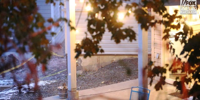 Red stains running down the foundation of a house where four college students were murdered in Moscow, Idaho. 