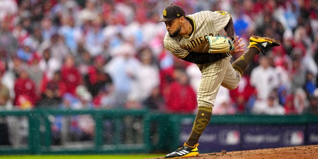 Robert Suarez of the San Diego Padres pitches during Game 5 of the NLCS against the Philadelphia Phillies at Citizens Bank Park Oct. 23, 2022, in Philadelphia.