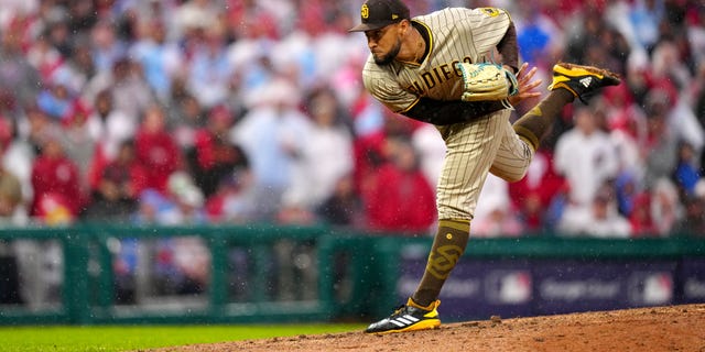 Robert Suarez of the San Diego Padres pitches during Game 5 of the NLCS against the Philadelphia Phillies at Citizens Bank Park Oct. 23, 2022, in Philadelphia.