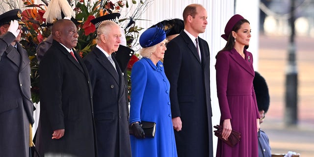 President Cyril Ramaphosa of South Africa, King Charles III, Camilla, Queen Consort, Prince William and Catherine, Princess of Wales attend the ceremonial welcome at Horse Guards Parade on Nov. 22, 2022, in London.