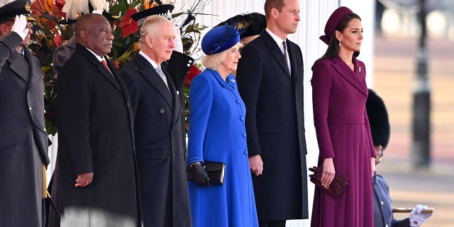 President Cyril Ramaphosa of South Africa, King Charles III, Camilla, Queen Consort, Prince William and Catherine, Princess of Wales attend the ceremonial welcome at Horse Guards Parade on Nov. 22, 2022, in London.