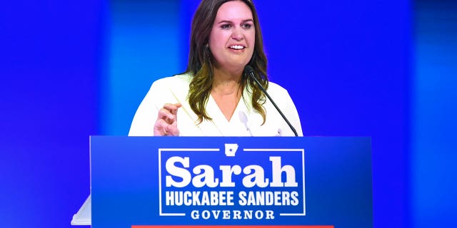 Arkansas Gov.-elect Sarah Huckabee Sanders delivers a speech to her supporters on election night in Little Rock, Arkansas, on Nov. 8, 2022.