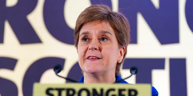Scottish National Party leader and First Minister of Scotland Nicola Sturgeon issues a statement at the Apex Grassmarket Hotel in Edinburgh, Wednesday, Nov. 23, 2022.