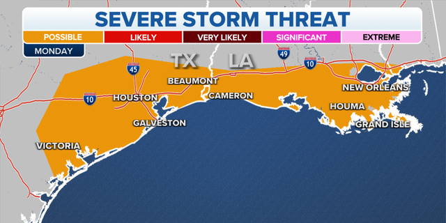 Areas that face a threat of severe storms Monday.