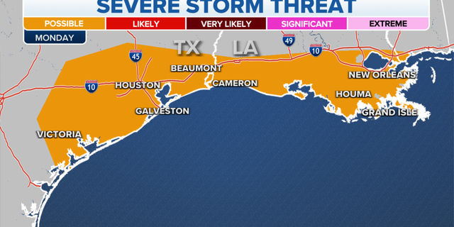 Areas that face a threat of severe storms Monday.