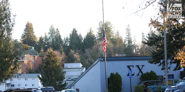 General view of the Sigma Chi house in Moscow, Idaho on Monday, Nov. 14, 2022. Visible in the background just to the left of the roof is the home where four University of Idaho students, including Sigma Chi fraternity brother Ethan Chapin were murdered overnight.