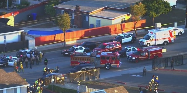 First responders arrive to the scene of a crash that saw a vehicle plough into at least 11 police recruits on Wednesday. (Fox 11)