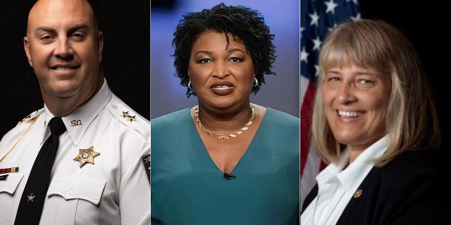 From left, Barrow County (Ga.) Sheriff Jud Smith, Stacey Abrams, and Jackson County (Ga.) Sheriff Janis Mangum.