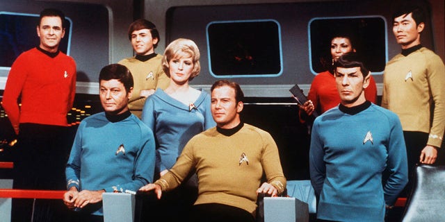 William Shatner, center, and George Takei, top right, starred together in the original 1966 "Star Trek" series.
