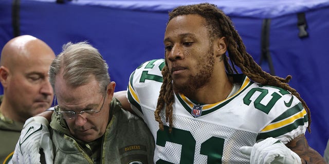 Green Bay Packers cornerback Eric Stokes is taken off the field after an injury during the first half of a game against the Detroit Lions in Detroit Nov. 6, 2022.