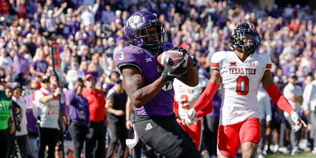 TCU Horned Frogs running back Emari Demercado (3) catches a touchdown pass during the game between the TCU Horned Frogs and the Texas Tech Red Raiders on November 5, 2022 at Amon G. Carter Stadium in Fort Worth, Texas.