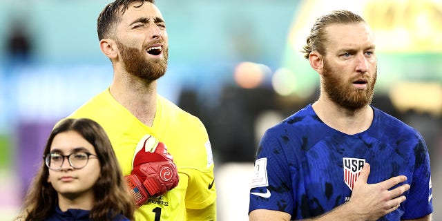 Matt Turner of United States sings their national anthem prior to the FIFA World Cup Qatar 2022 Group B match between IR Iran and USA at Al Thumama Stadium on November 29, 2022 in Doha, Qatar.