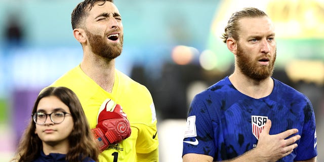 Matt Turner of the United States sings his national anthem before the FIFA World Cup Qatar 2022 Group B match between Iran and the USA at Al Thumama Stadium on November 29, 2022 in Doha, Qatar. 