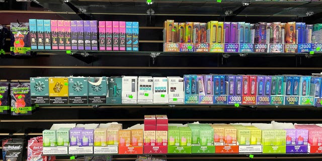 Flavored e-cigarette products are displayed on a store shelf in Raleigh, North Carolina, on June 23, 2022.