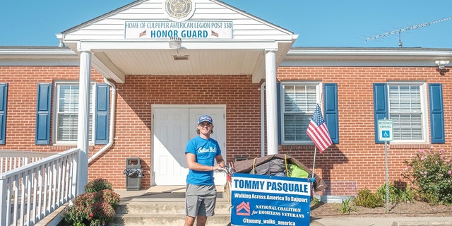 Tommy Pasquale stops at American Legion Post 330 in Culpeper, Virginia, as he walks across America on behalf of America's homeless veterans.