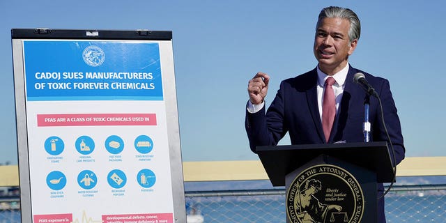 California Attorney General Rob Bonta announces a lawsuit against manufacturers of toxic chemicals in San Francisco, on Nov. 10, 2022.